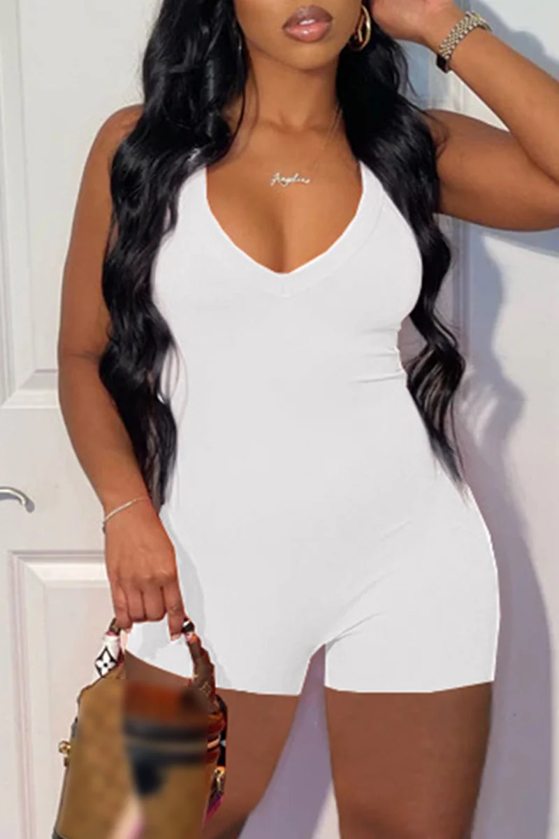 Fashion Casual Solid Backless V Neck Skinny Romper