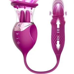 Rose 4-in-1 Sex Toy: Tongue Licking, Thrusting G-Spot Vibrator with Clitoral and Nipple Sucker Pump