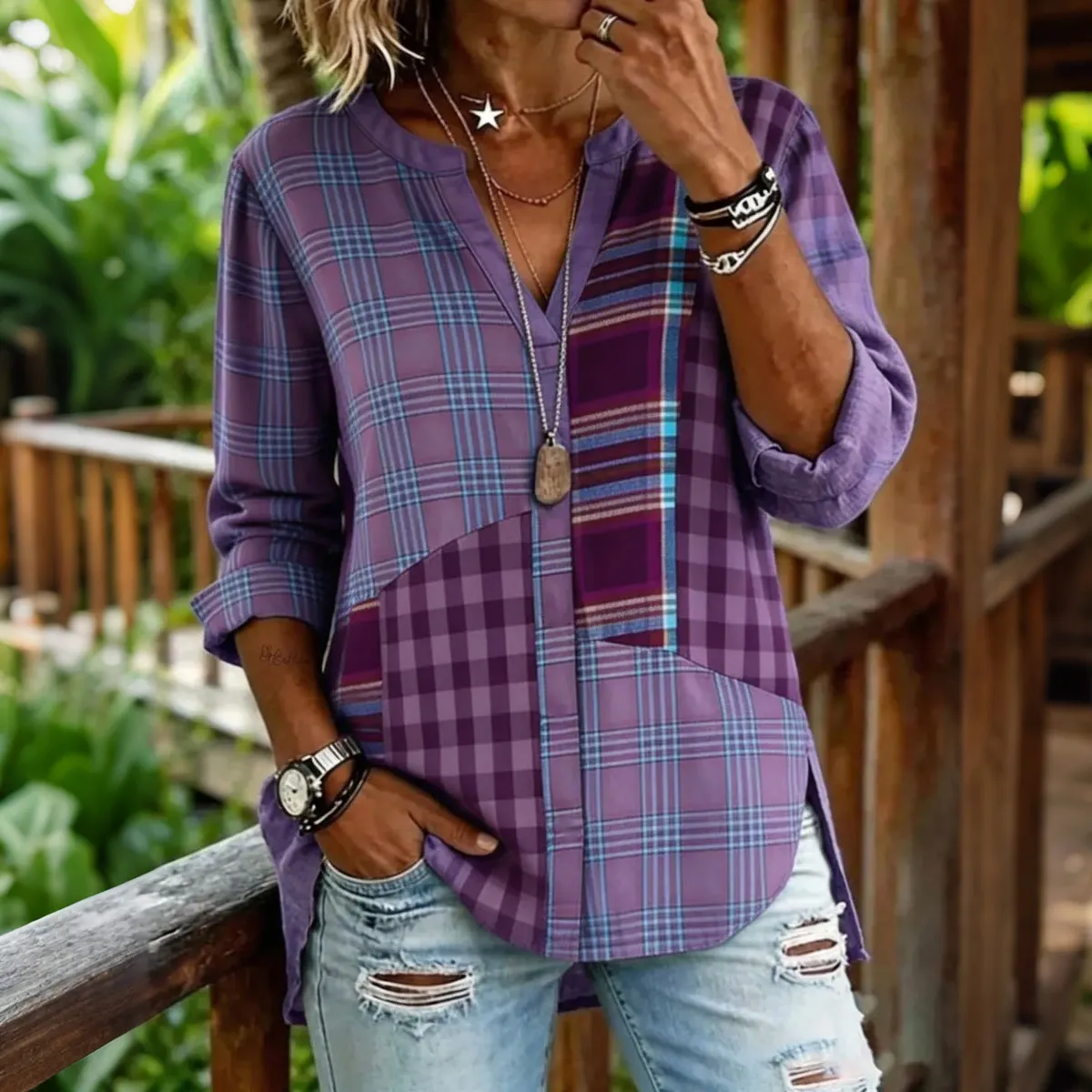 Comstylish Women's Alzheimer's Awareness Support Purple Striped V-neck Shirt