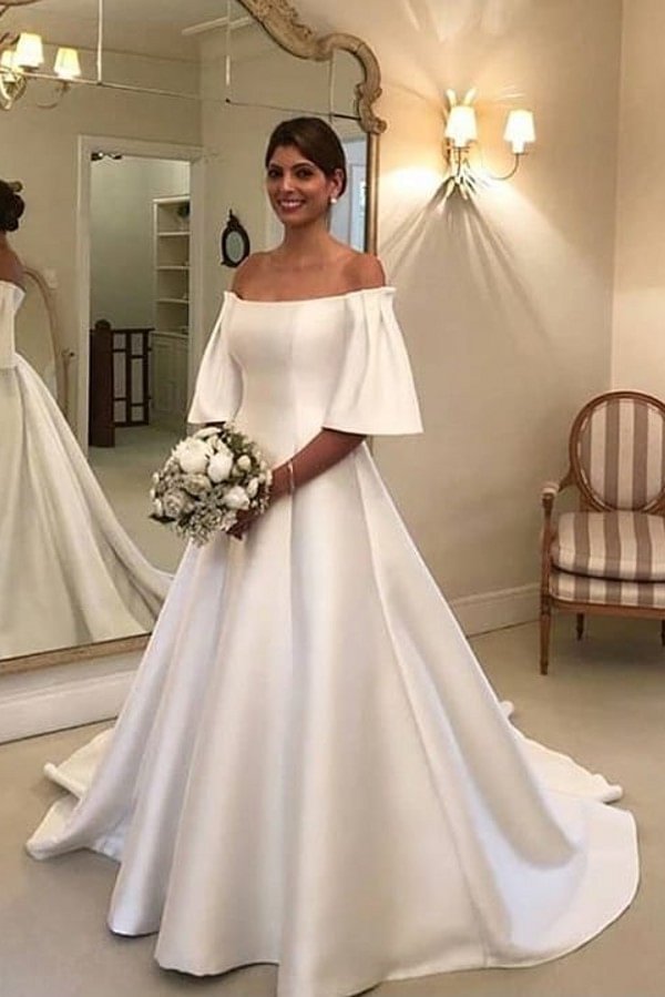 Beautiful Off-the-Shoulder Short Sleeves A-Line Wedding Dress With Satin Ruffles Train | Ballbellas Ballbellas
