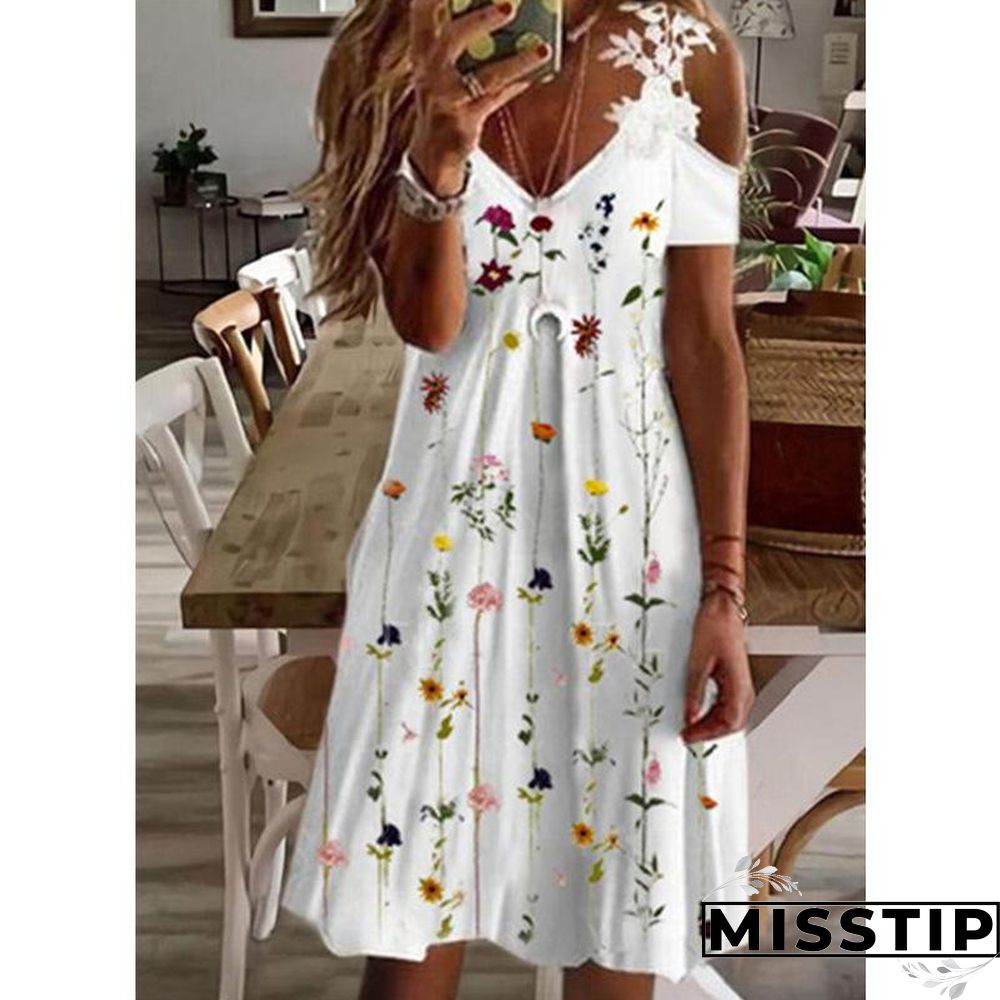 V Neck Open Shoulder Lace Printed Beach Dress