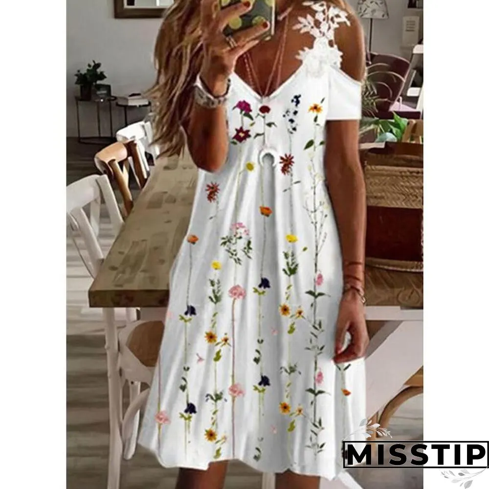V Neck Open Shoulder Lace Printed Beach Dress