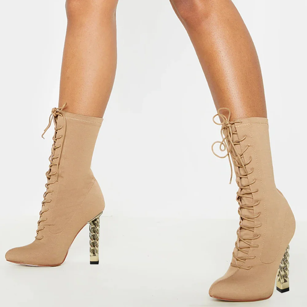 Beige Lace Up Ankle Boots Decorated Heel Boots