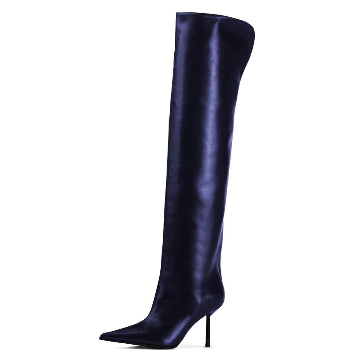 Navy Faux Leather Pointed Toe Stiletto Heel Long Boots for Women Nicepairs
