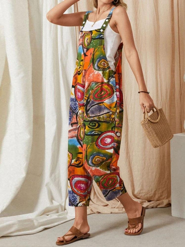 Vintage Personalized Printed Pocket Cotton Linen Women's Large Jumpsuit