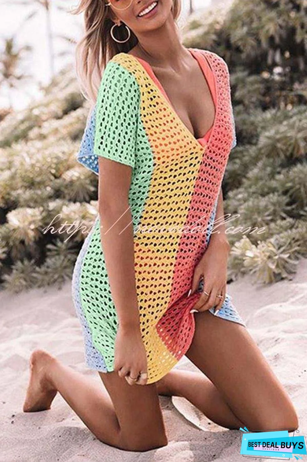 Ocean Whimsy Colorblock Crochet Cover Up Dress