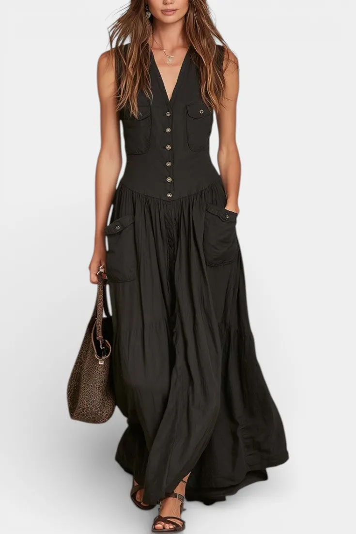 Sleeveless Button-Front Maxi with Cargo Pockets