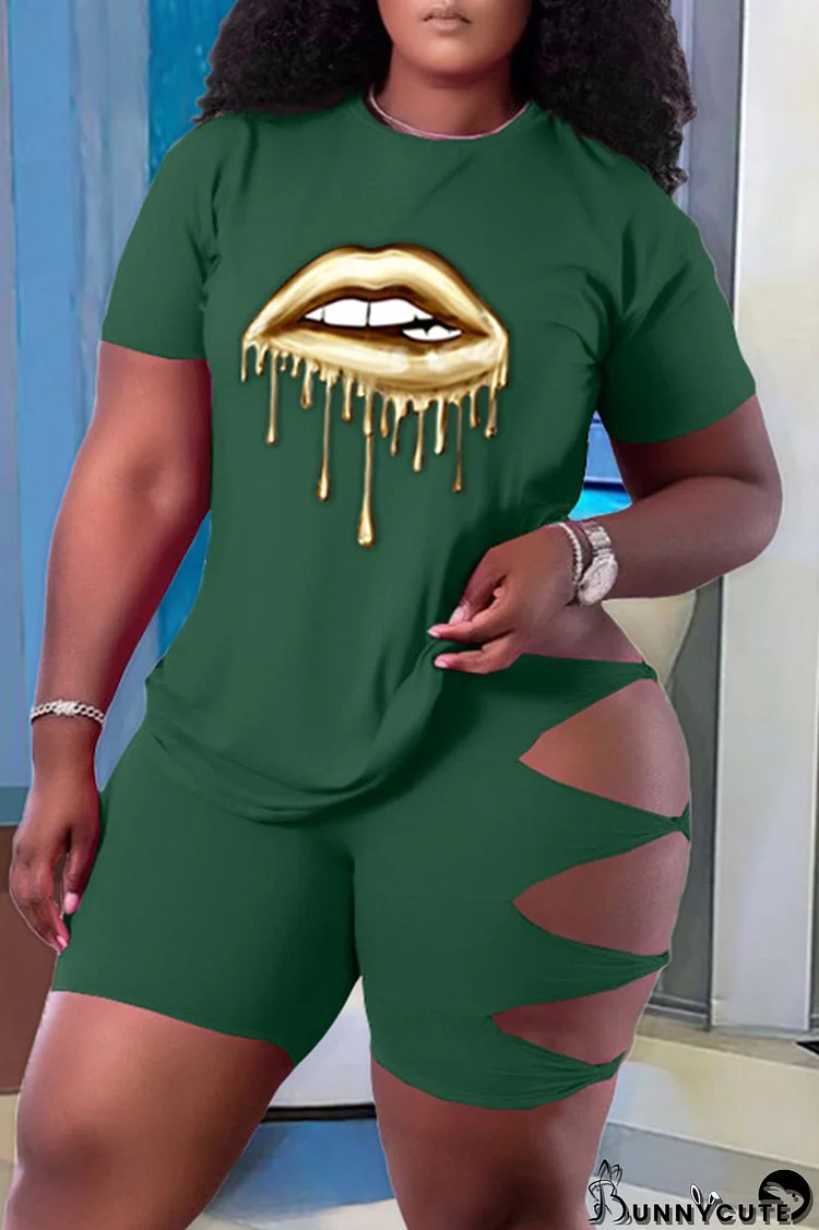 Green Fashion Casual Lips Printed Ripped Hollowed Out O Neck Plus Size Two Pieces