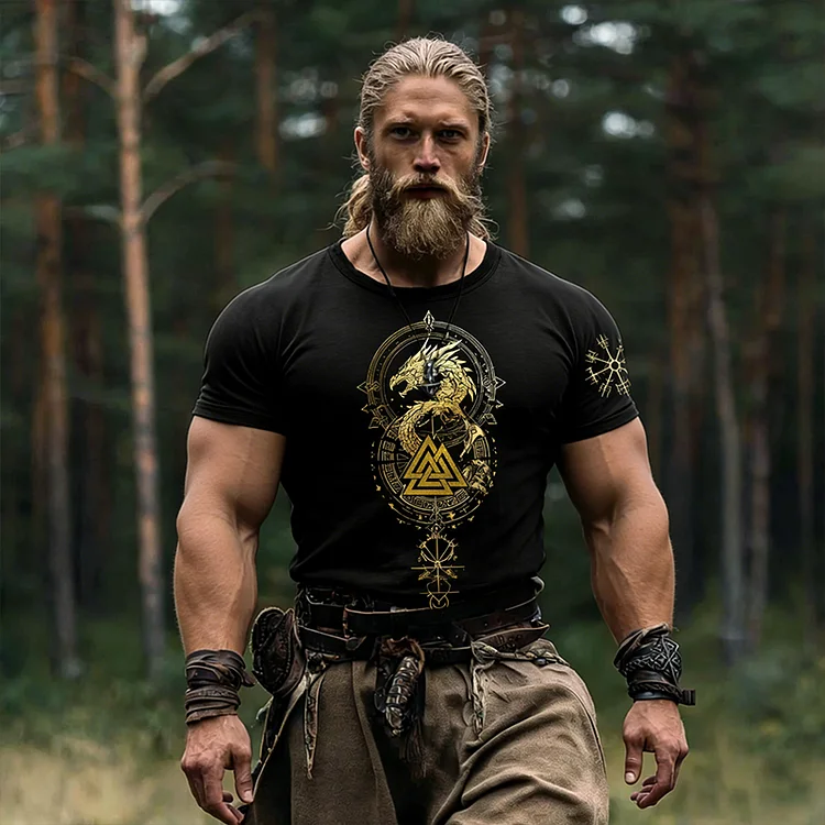 Men's Viking Valknut With Dragon Print Comfy T-shirt