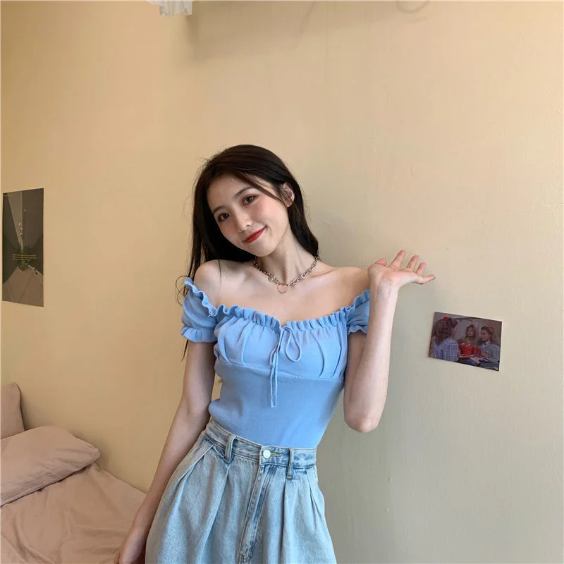 Uveng Uveng Short-Sleeved T-Shirt On The Shoulder Of The Female In Summer New Square Collar Draw Rope Wearing A Short Brooch Jersey