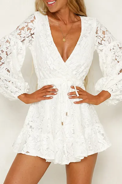 Elegant Solid Frenulum Backless V Neck Lace Dress Dresses