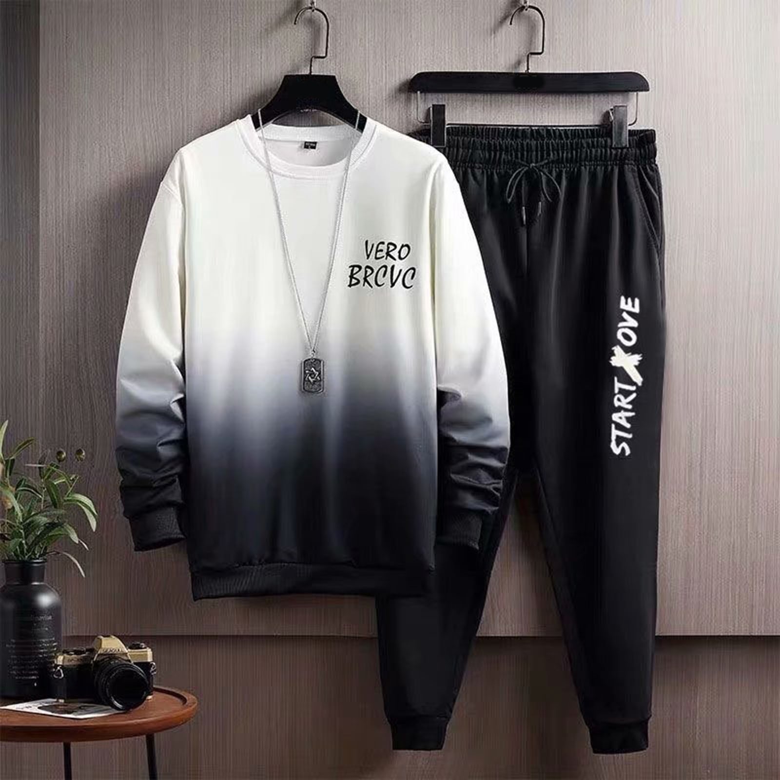 Thoval Men'S Sets 2 Piece Sweatpants Winter Sports Plus Fleece Gradient Print Hoodie Pant Suit Men Casual Suits Slim Fit Outfits