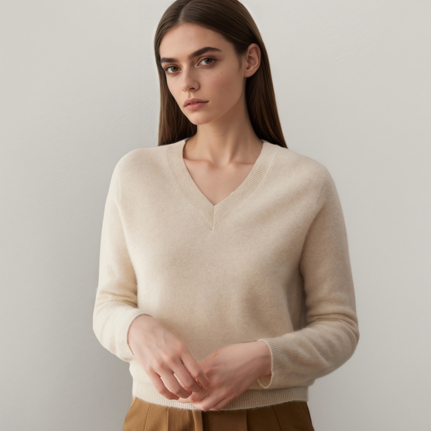 Women's V-Neck Long Sleeve Cashmere Sweater | Versatile Knit Top REAL SILK LIFE