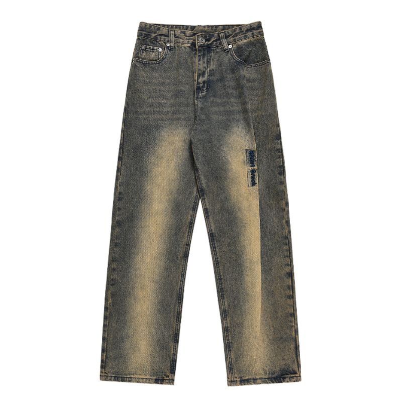 Sopula Street Embroidered Washed Mud Yellow Pleated Jeans - SOPULA