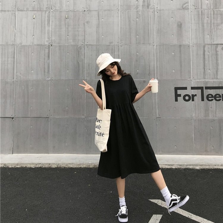 Short Sleeve Dress Women Plus Size 3XL O-neck Solid Mid-calf Basic Korean Preppy Style Simple Loose High Street Harajuku teens