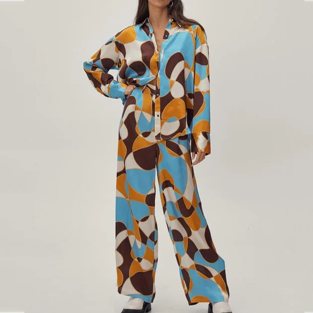 Fashion Geometric Contrast Print Shirt Two-Piece Set