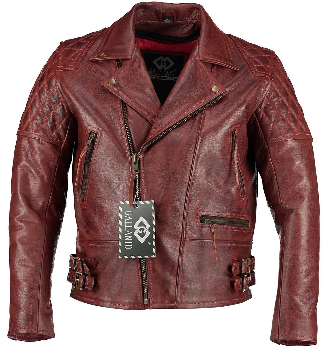 Vintage Red Classic Diamond Motorcycle Mens Leather Jacket
