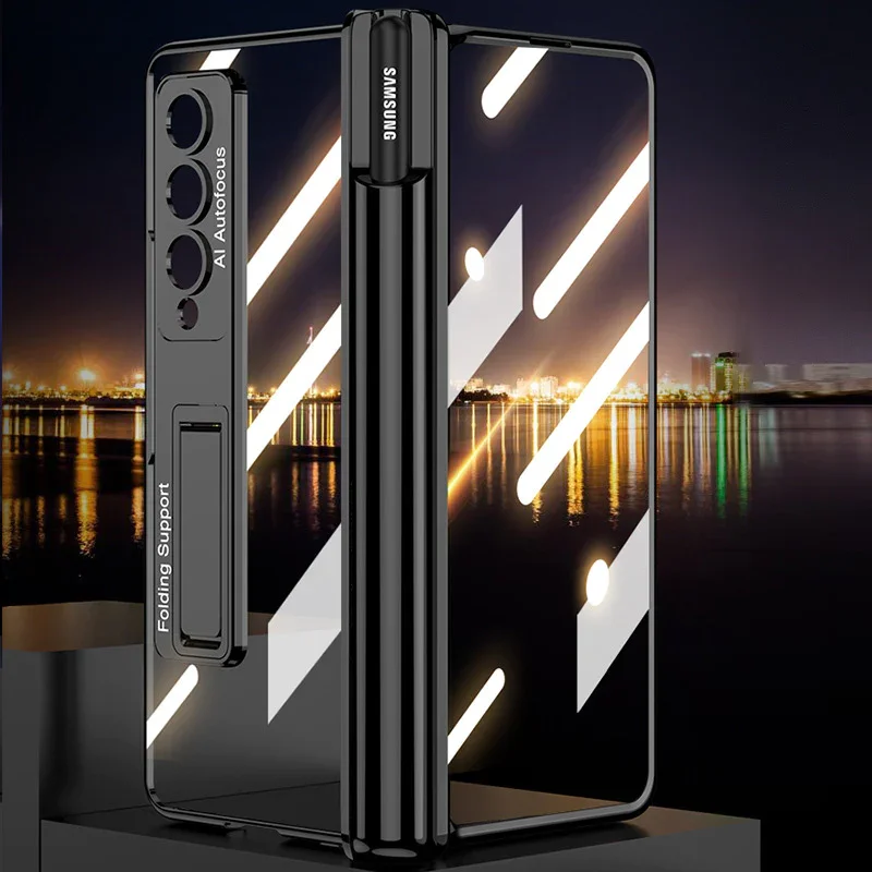 For Samsung ZFold4 Magnetic Hinge Folding Shell Film Electroplating Bracket Pen Slot Mobile Phone Case