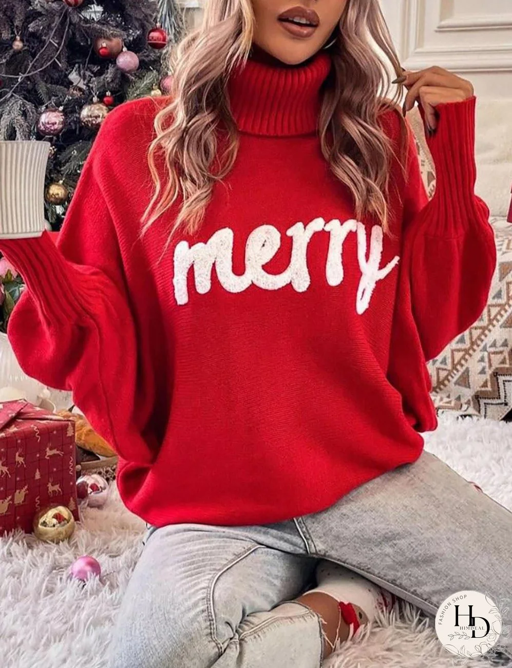 Merry Holiday turtleneck bat sleeve sweater