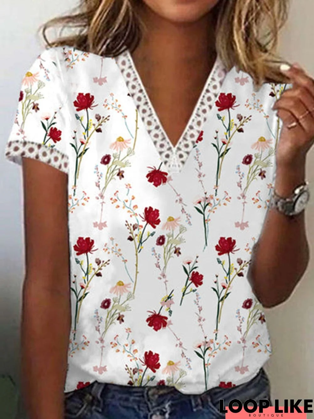 Boho V Neck Floral Short Sleeve T-Shirt