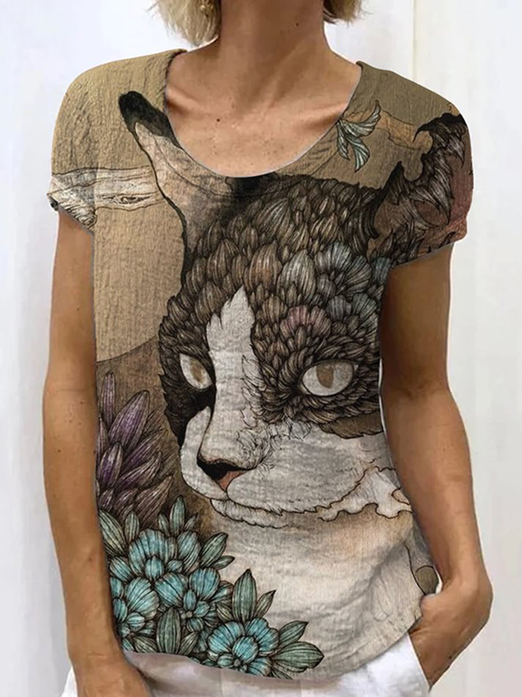 Comstylish Japanese Retro Cat Plant Abstract Art Painting Linen Casual T-Shirt