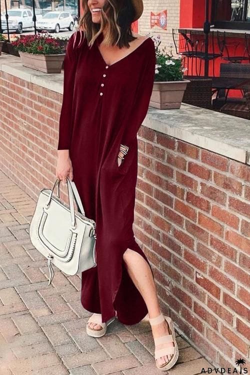 Button Side Slit Long Sleeve Maxi Dress