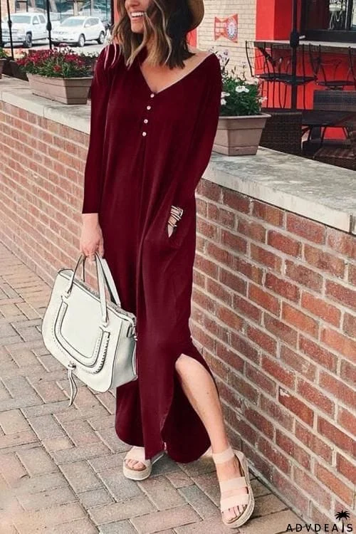 Button Side Slit Long Sleeve Maxi Dress