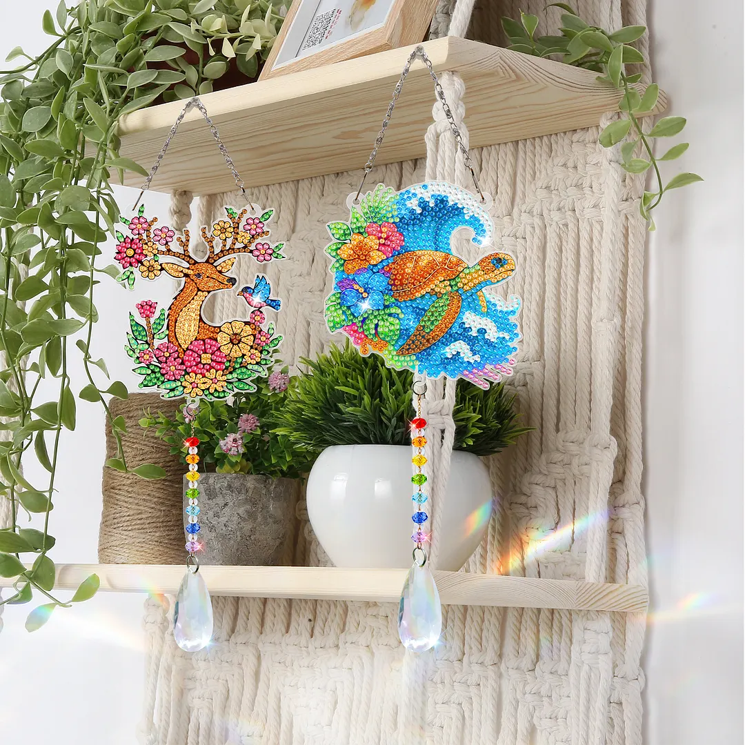 2Pcs Sea Turtles and Elk DIY Double-Sided Diamond Painting Hanging Kits Diamond Painting Suncatcher Craft Kit for Home Garden Wall Decor Gift