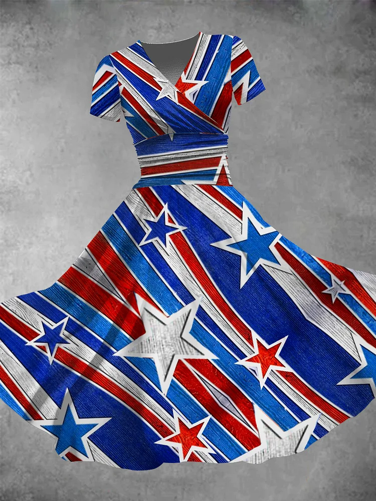 Women's Independence Day Flag Red White and Blue Stars Print Maxi Dress