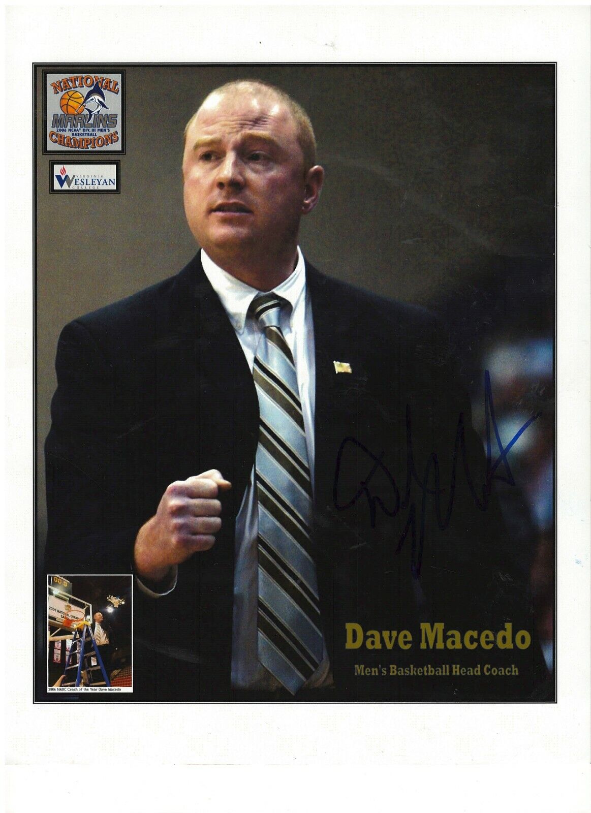 DAVE MACEDO VIRGINIA WESLEYAN MARLINS HEAD COACH RARE SIGNED Photo Poster painting