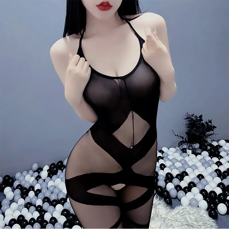 Churchf Sex Lingerie Sexy Netting Perspective Set Hanging Neck Cross-Bundling Pattern Joint Stockings Open 8160