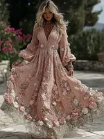 Women's Vintage Floral Embroidered Linen Blend Dress