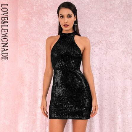 Rose Gold Sexy Open Back Halter Dry Shoulder Slim Elastic Sequin Mini Party Dress LM80492MINI - BlackFridayBuys