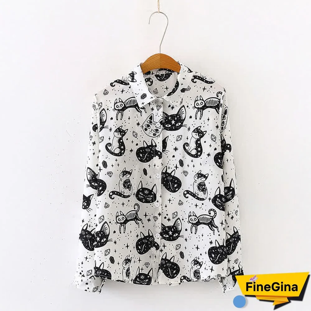 Kitty Print Long Sleeve Lapel Chiffon Shirt