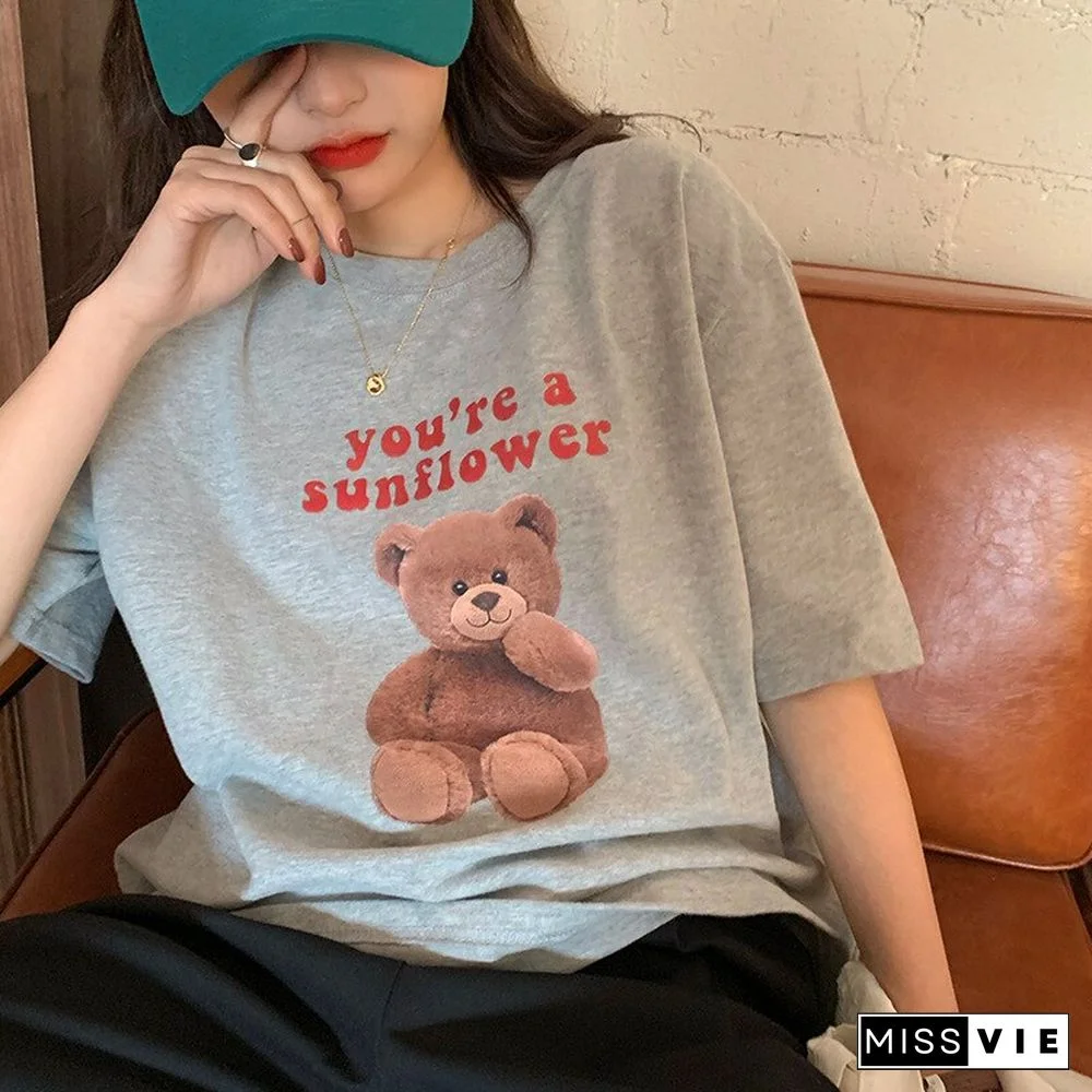 Harajuku Cute Bear Printed T Shirt Women Korean Style Summer Cotton Loose Clothes Tops Couple Casual Short Sleeve Tee Shirt