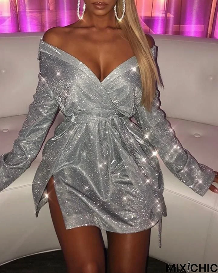 Off Shoulder Long Sleeve Sequin Dress