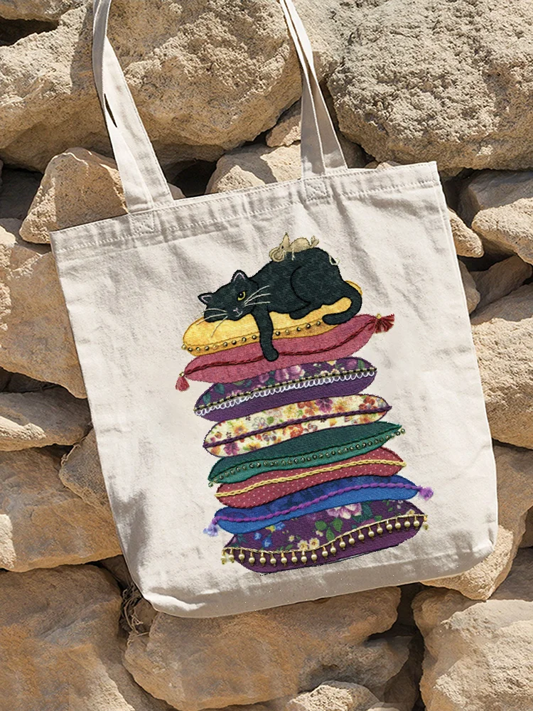 Funny Cat Embroidery Pattern Casual Canvas Bag