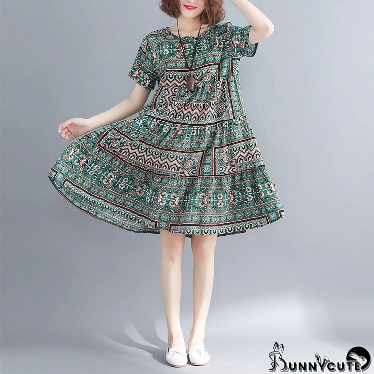 stylish print cotton linen dresses plus size short sleeve baggy dresses Fine o neck cotton linen dresses