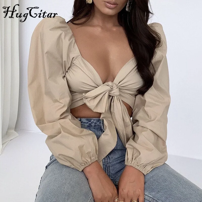 Hugcitar Women Solid Long Loose Flare Sleeve Drawstring Multiple Ways To Wear Crop Top 2021 Fall Streetwear Outfit Fashion Y2K
