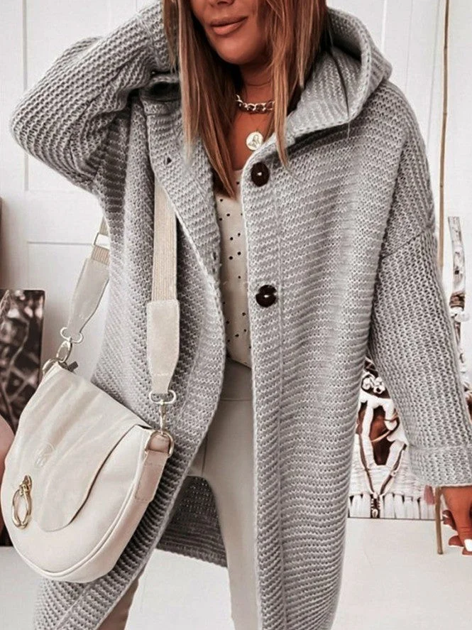 Women Long Sleeve Hooded Cardigan Soild Knit Sweaters Coats