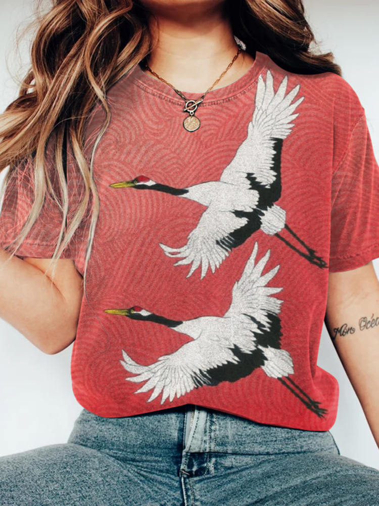 Comstylish Japanese Ukiyoe Flying Crane Print T-Shirt