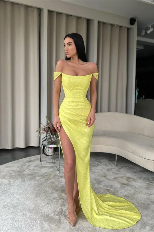 Oknass Off the Shoulder Sleeveless Mermaid Long Prom Dress With Split