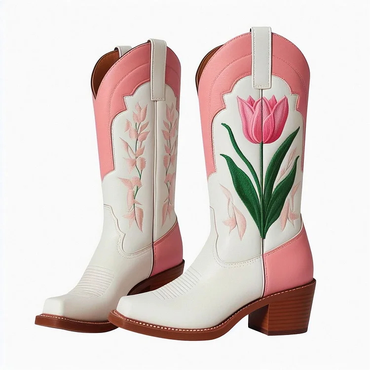 White & Pink Tulips Chunky Heel Mid Calf Western Boots for Women |FSJ Shoes