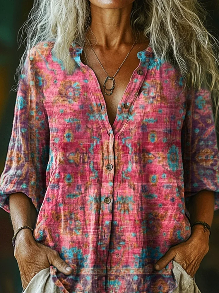 Women's Boho Ethnic Art Print 100%Cotton Casual Shirt