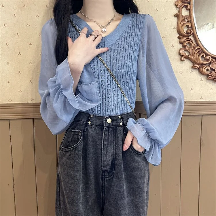 Uveng Uveng Temperament Spliced Chiffon Sleeve Long-Sleeved Top Women's Spring And Autumn New Design Sense Slimming Knitwear