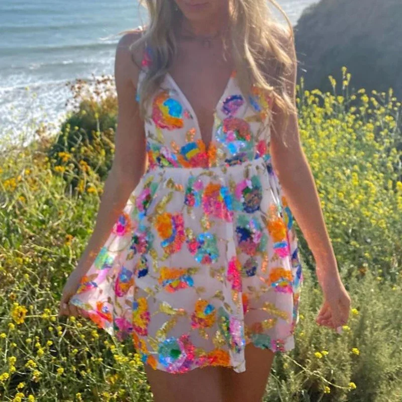 Sexy Women's Deep V Sequin Printed Party Dress Summer Fashion Backless Lace Up Mini Dress