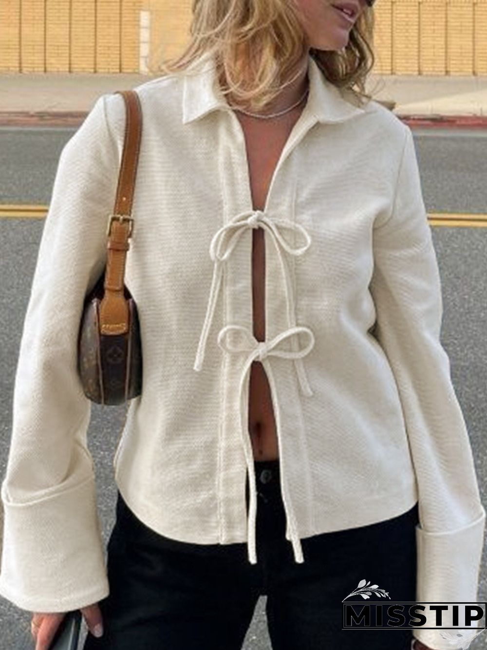 Solid Color Lace Up Cardigan Long Sleeve Blouse