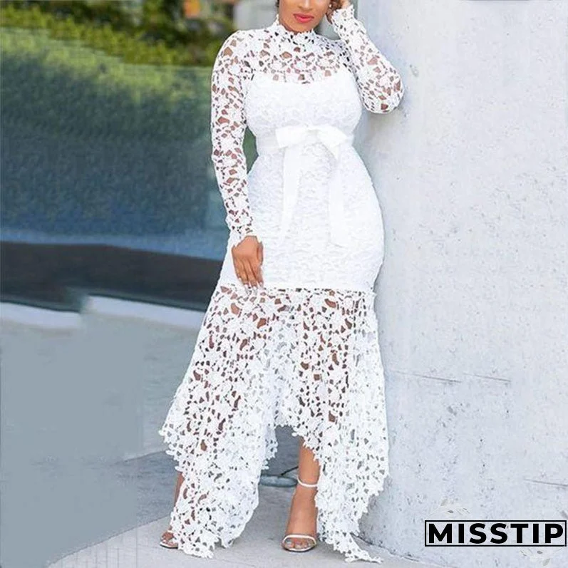 Women's Lace Hollow Out Long Sleeve Stand-up Collar Dresses
