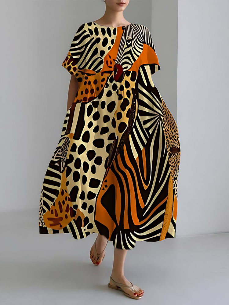 复制Leopard Animal Print Pattern Vintage Short Sleeve Loose Midi Dresses