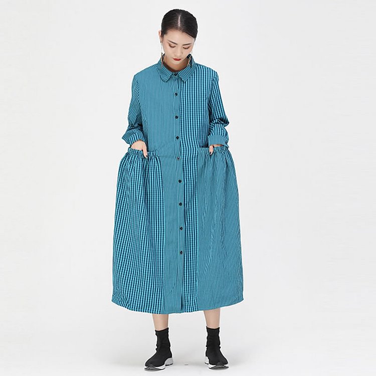 Casual Loose Lapel Contrast Color Striped Long Sleeve Splicing Elastic Pocket Single-breasted Dress